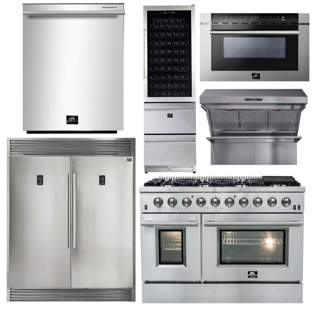 Forno Appliance Package - 48 Inch Gas Range, Range Hood, Refrigerator, Microwave Drawer, Dishwasher, Wine Cooler, AP-FFSGS6244-48-9 I Luxury Appliances Direct