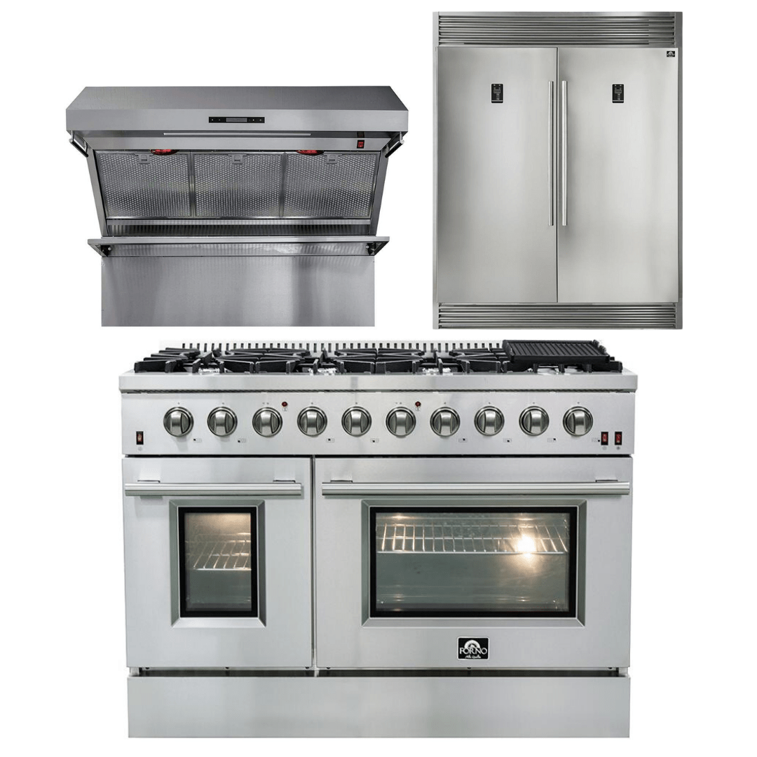 Forno Appliance Package - 48 Inch Gas Range, Wall Mount Range Hood, 60 Inch Refrigerator, AP-FFSGS6244-48-4 I Luxury Appliances Direct