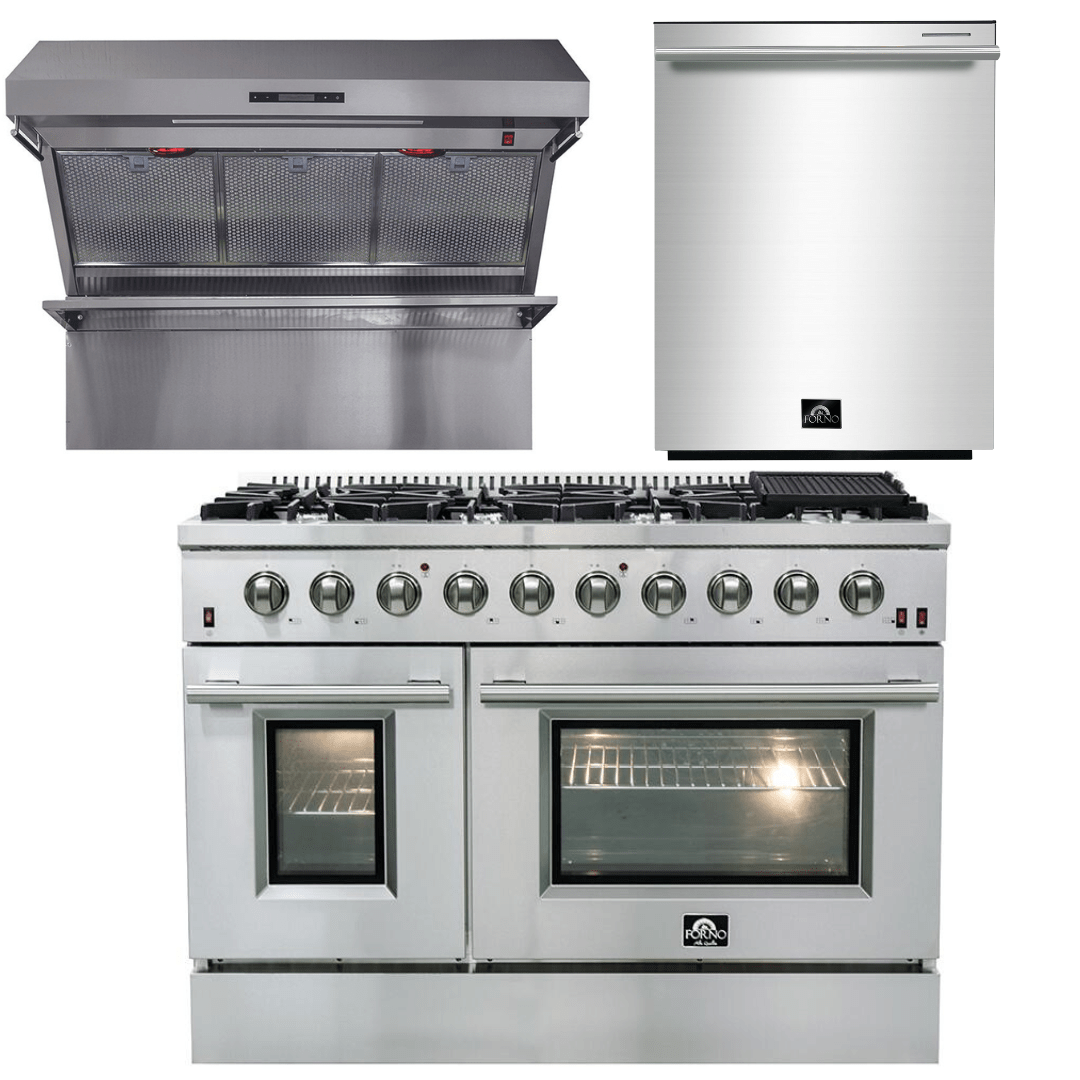 Forno Appliance Package - 48 Inch Gas Range, Wall Mount Range Hood, Dishwasher, AP-FFSGS6244-48-2 I Luxury Appliances Direct