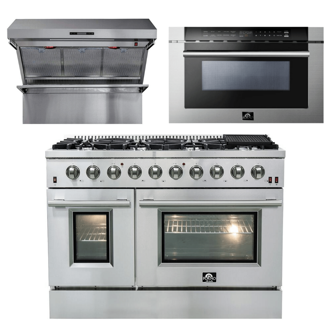 Forno Appliance Package - 48 Inch Gas Range, Wall Mount Range Hood, Microwave Drawer, AP-FFSGS6244-48-3 I Luxury Appliances Direct