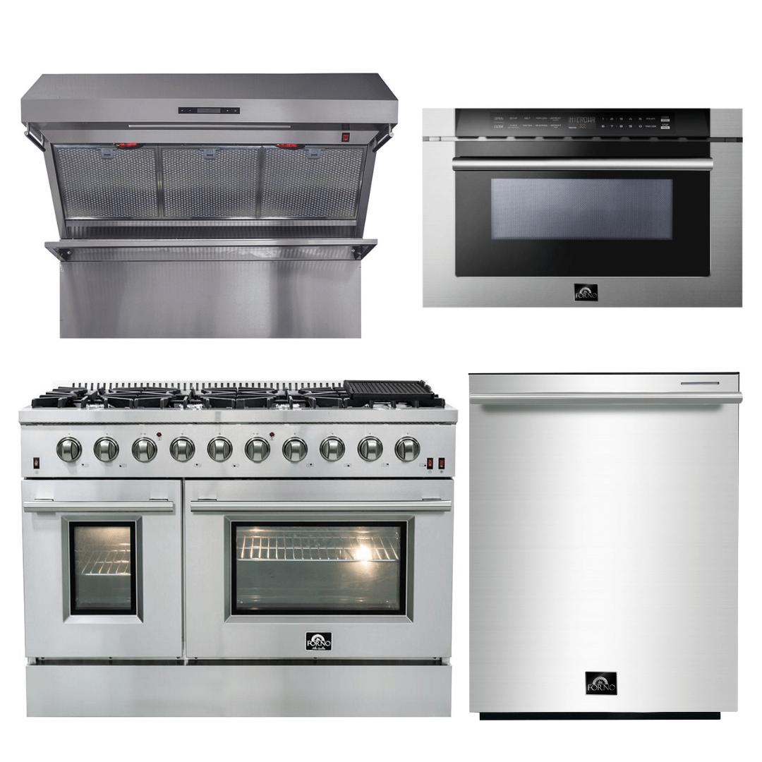 Forno Appliance Package - 48 Inch Gas Range, Wall Mount Range Hood, Microwave Drawer, Dishwasher, AP-FFSGS6244-48-6 I Luxury Appliances Direct
