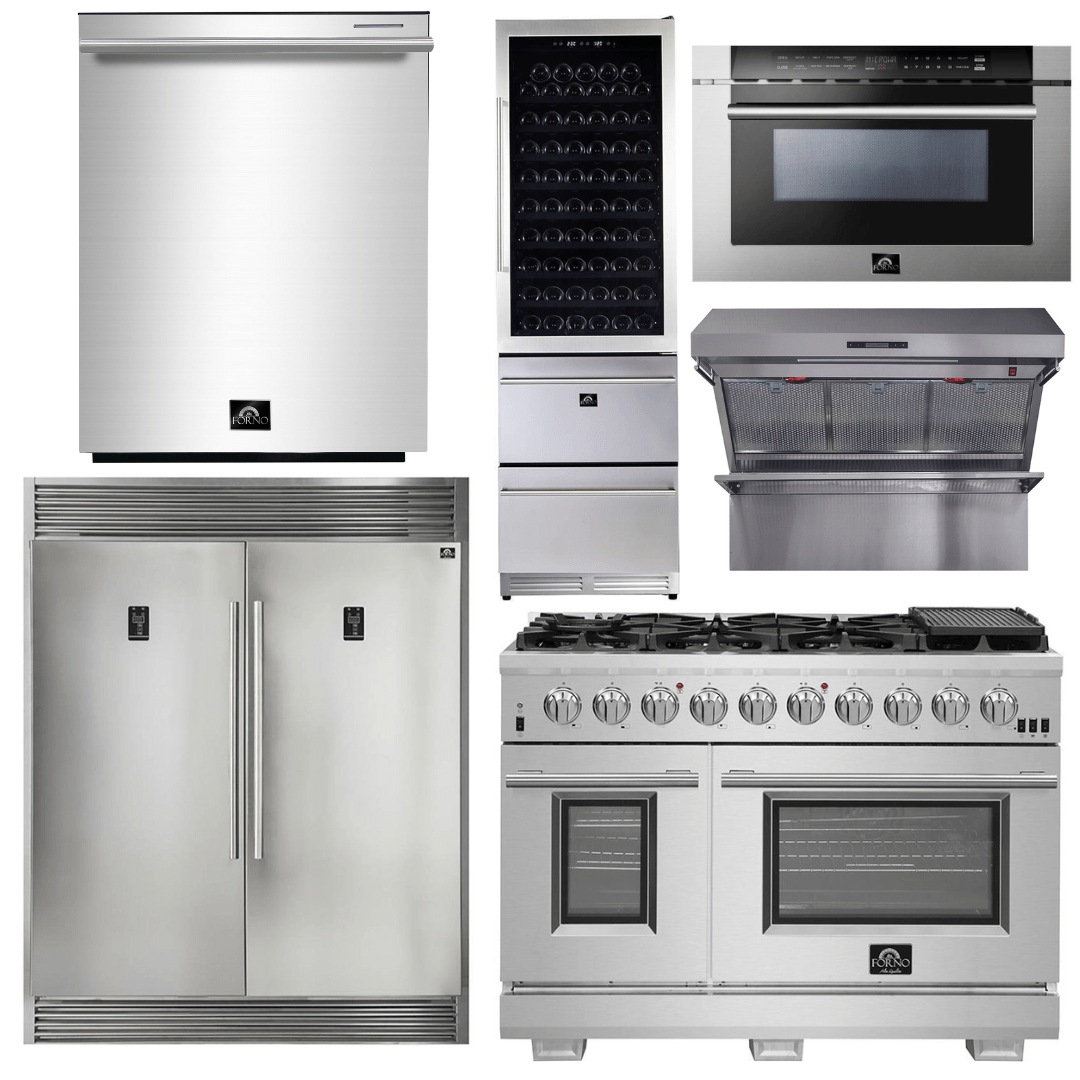 Forno Appliance Package - 48 Inch Pro Gas Range, Range Hood, Refrigerator, Microwave Drawer, Dishwasher, Wine Cooler, AP-FFSGS6260-48-9 I Luxury Appliances Direct