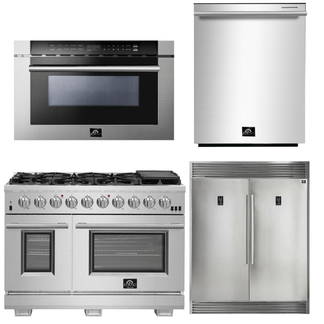 Forno Appliance Package - 48 Inch Pro Gas Range, Refrigerator, Microwave Drawer, Dishwasher, AP-FFSGS6260-48-7 I Luxury Appliances Direct