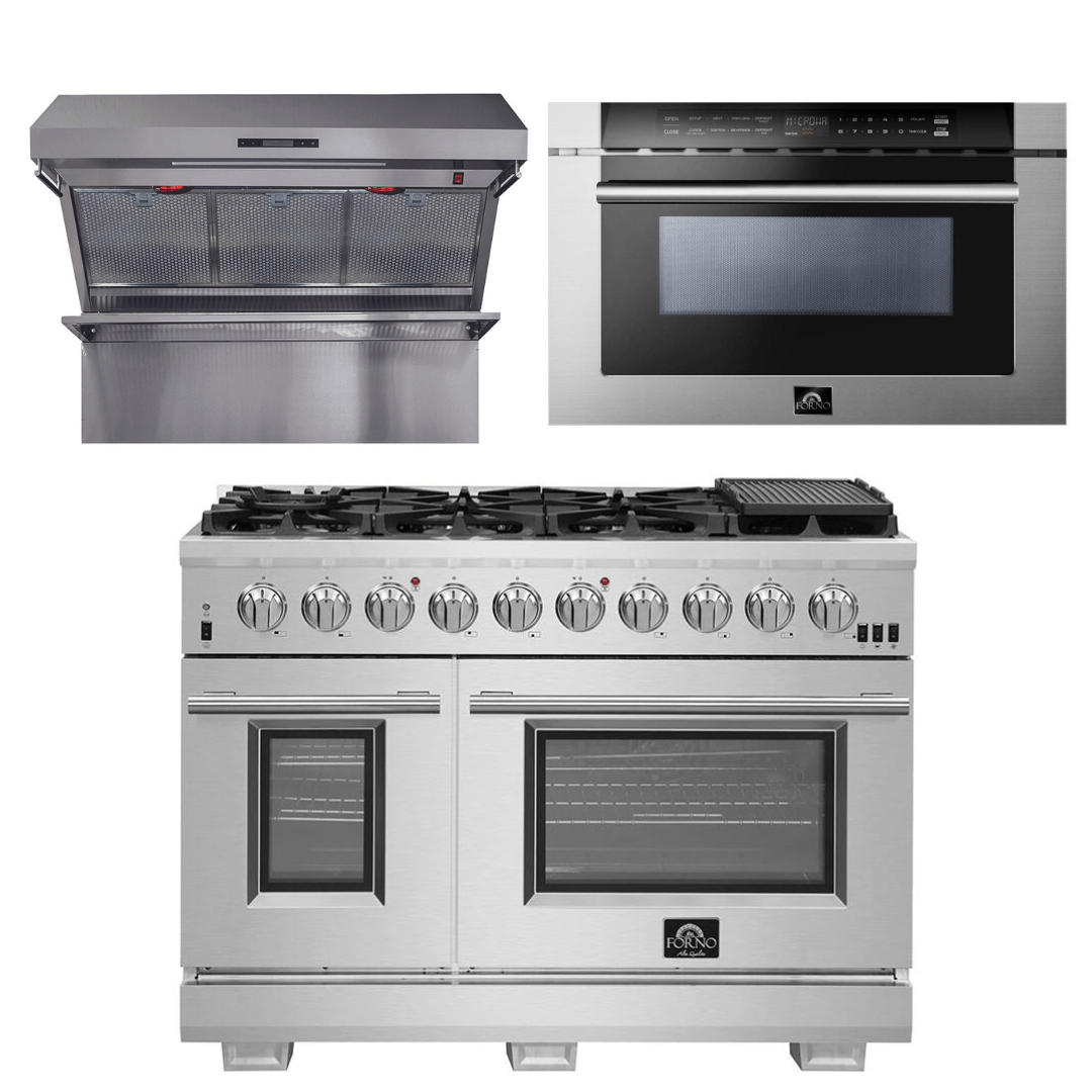Forno Appliance Package - 48 Inch Pro Gas Range, Wall Mount Range Hood, Microwave Drawer, AP-FFSGS6260-48-3 I Luxury Appliances Direct