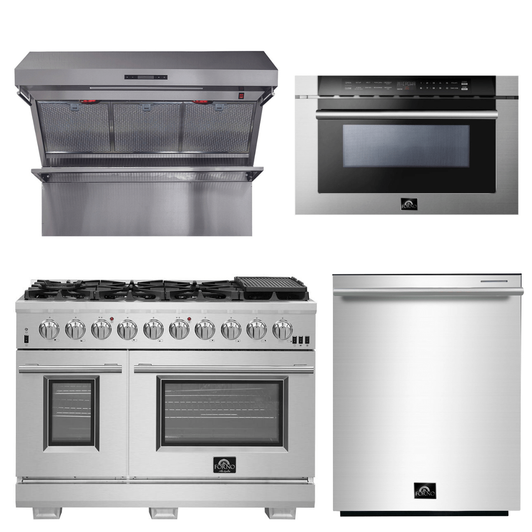 Forno Appliance Package - 48 Inch Pro Gas Range, Wall Mount Range Hood, Microwave Drawer, Dishwasher, AP-FFSGS6260-48-6 I Luxury Appliances Direct