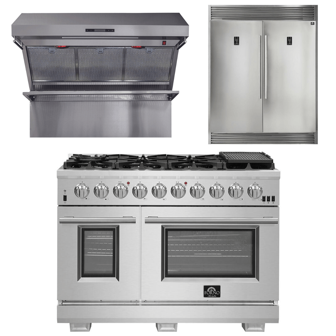 Forno Appliance Package - 48 Inch Pro Gas Range, Wall Mount Range Hood, Refrigerator, AP-FFSGS6260-48-4 I Luxury Appliances Direct