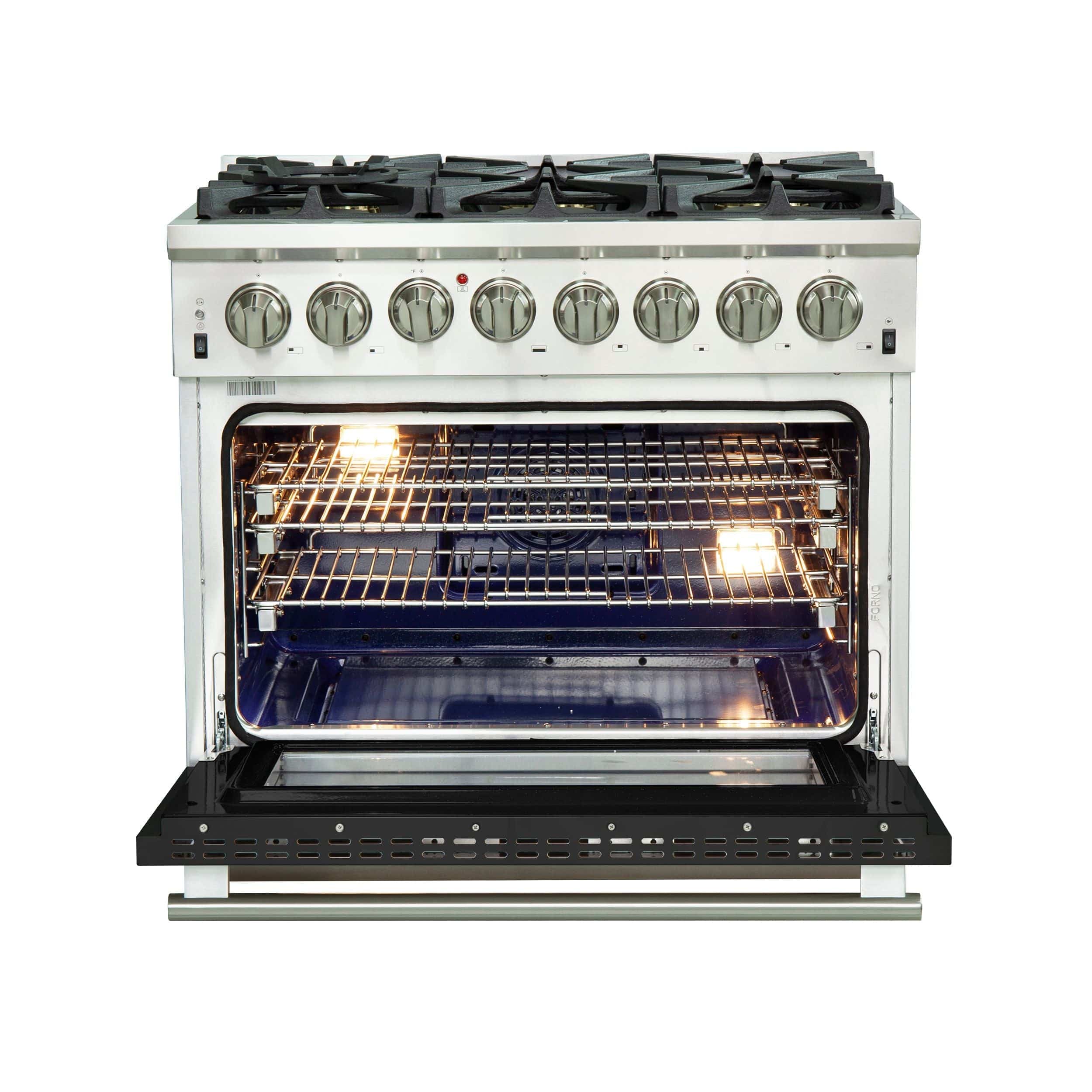 Forno Capriasca 36 Inch Professional Freestanding Dual Fuel Range in Black, FFSGS6187-36BLK I Luxury Appliances Direct