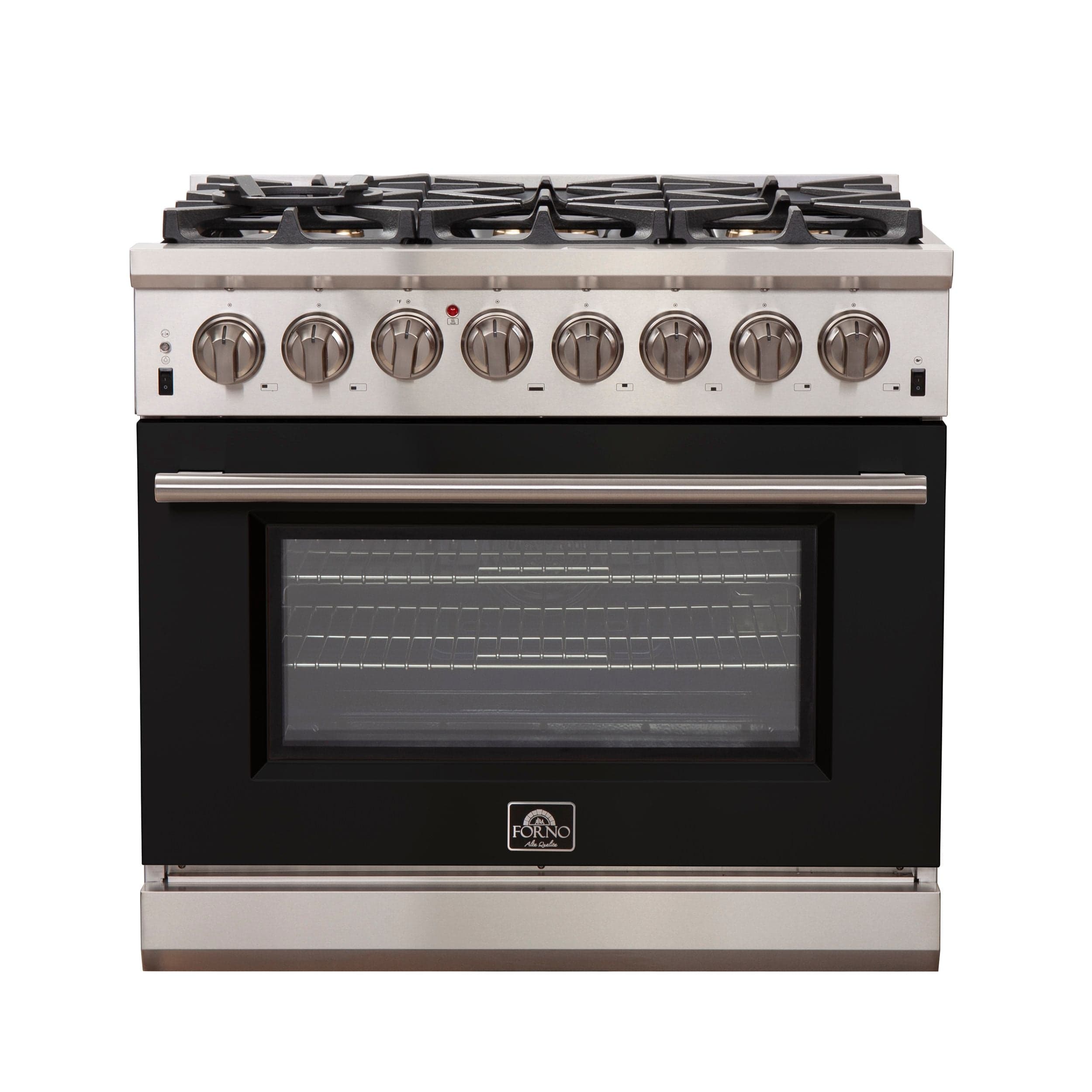 Forno Capriasca 36 Inch Professional Freestanding Dual Fuel Range in Black, FFSGS6187-36BLK I Luxury Appliances Direct