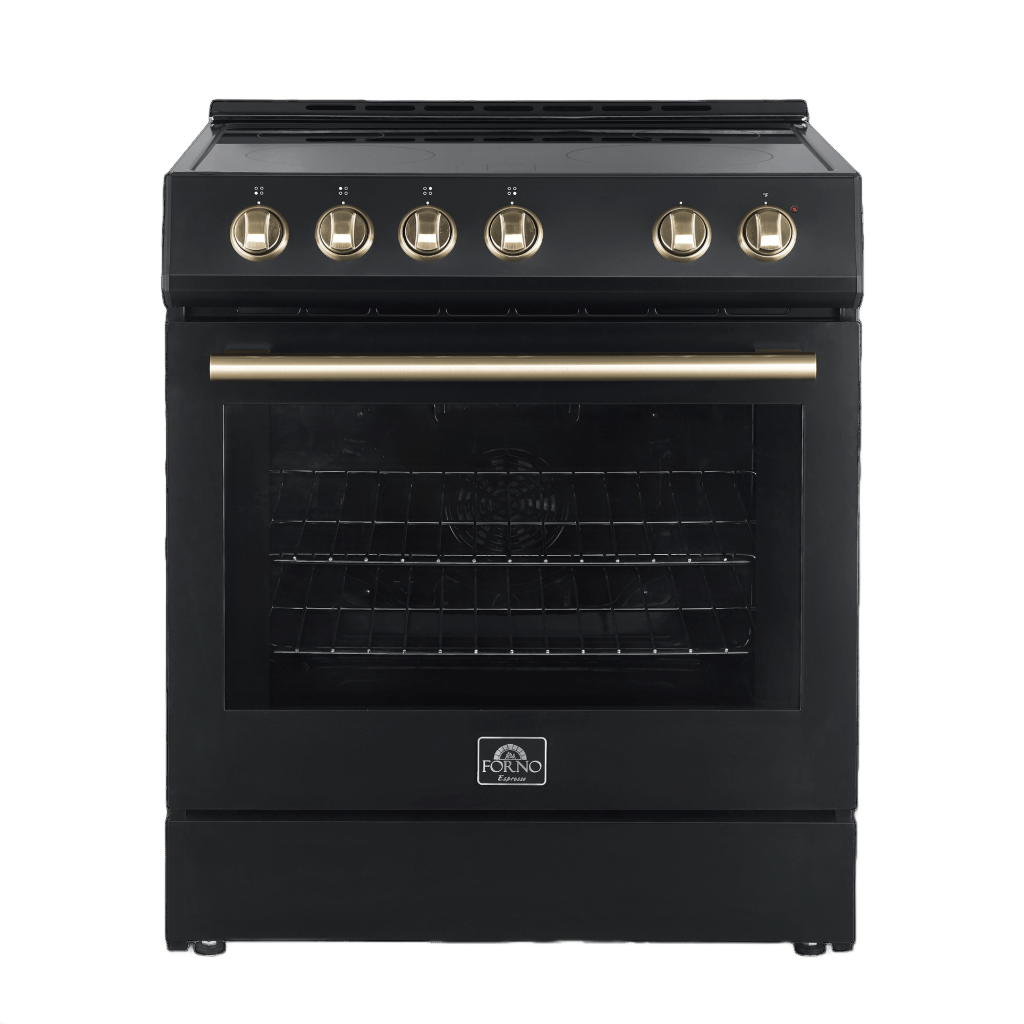 Forno Leonardo Espresso 30" Electric Range in Black with Antique Brass and Stainless Handles, FFSEL6012-30BLK I Luxury Appliances Direct