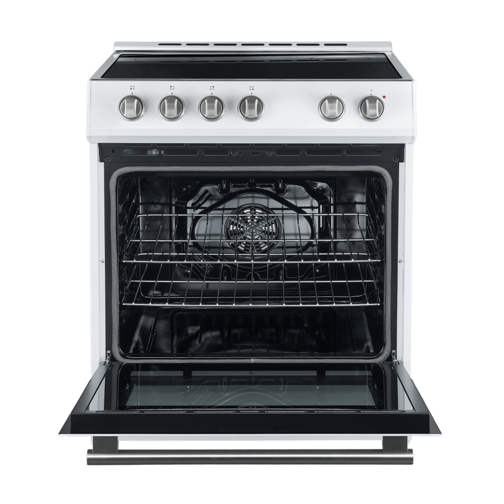 Forno Leonardo Espresso 30" Electric Range in White with Antique Brass and Stainless Handles, FFSEL6012-30WHT I Luxury Appliances Direct