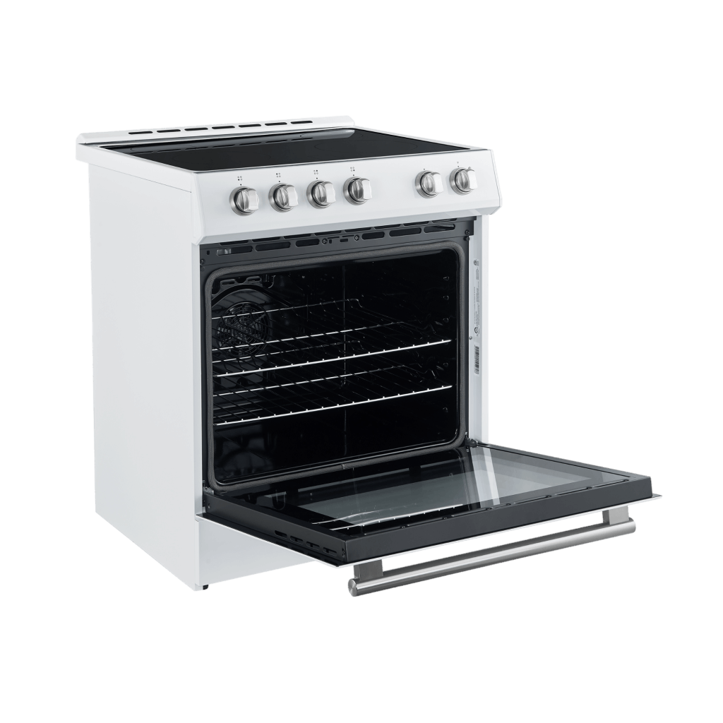 Forno Leonardo Espresso 30" Electric Range in White with Antique Brass and Stainless Handles, FFSEL6012-30WHT I Luxury Appliances Direct