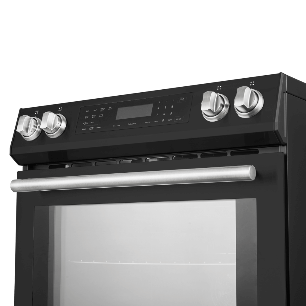 Forno Espresso Donatello 30" Induction Range with Air Fry and Self-Clean in Black with Antique Brass and Silver Handles, FFSIN0905-30BLK I Luxury Appliances Direct