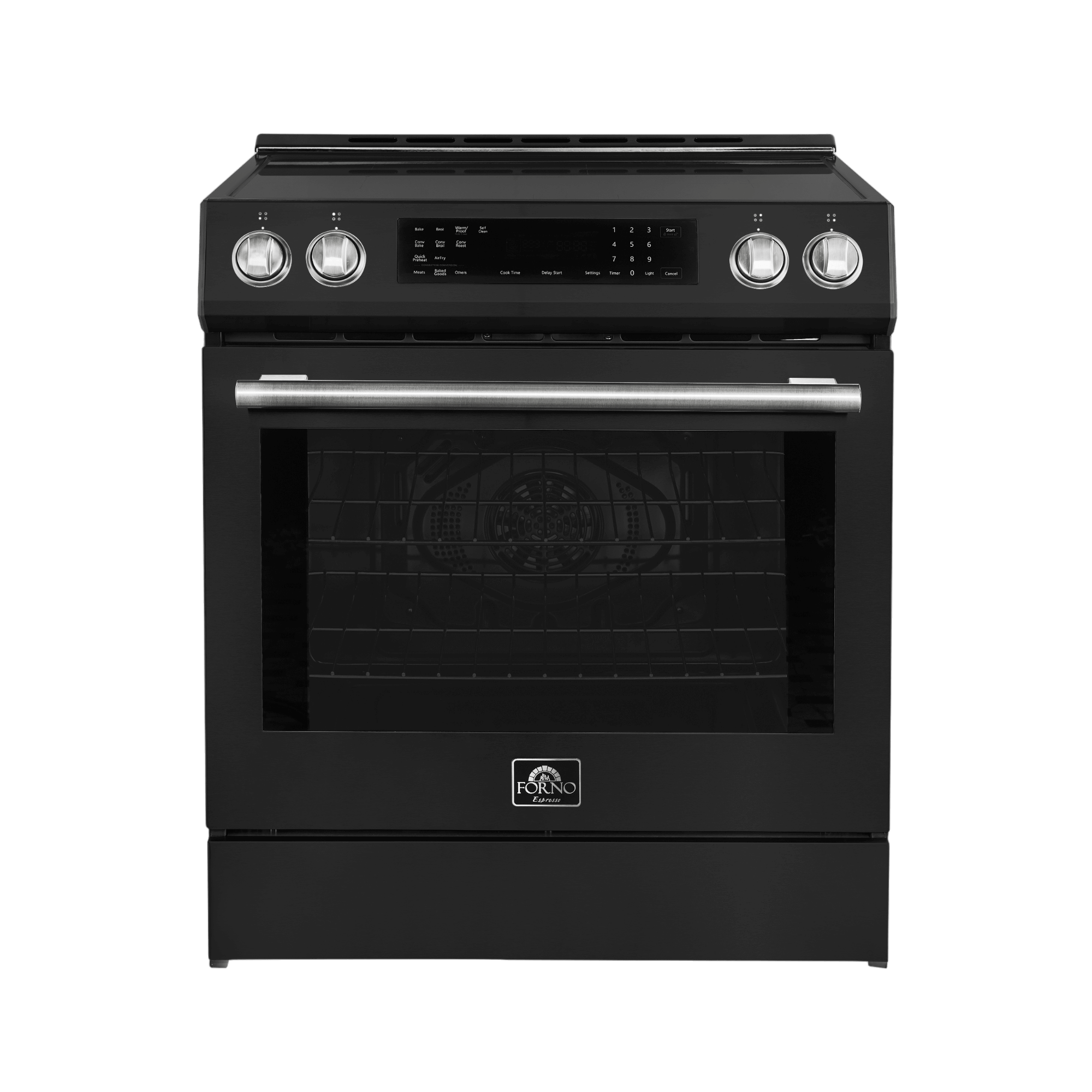 Forno Espresso Donatello 30" Induction Range with Air Fry and Self-Clean in Black with Antique Brass and Silver Handles, FFSIN0905-30BLK I Luxury Appliances Direct