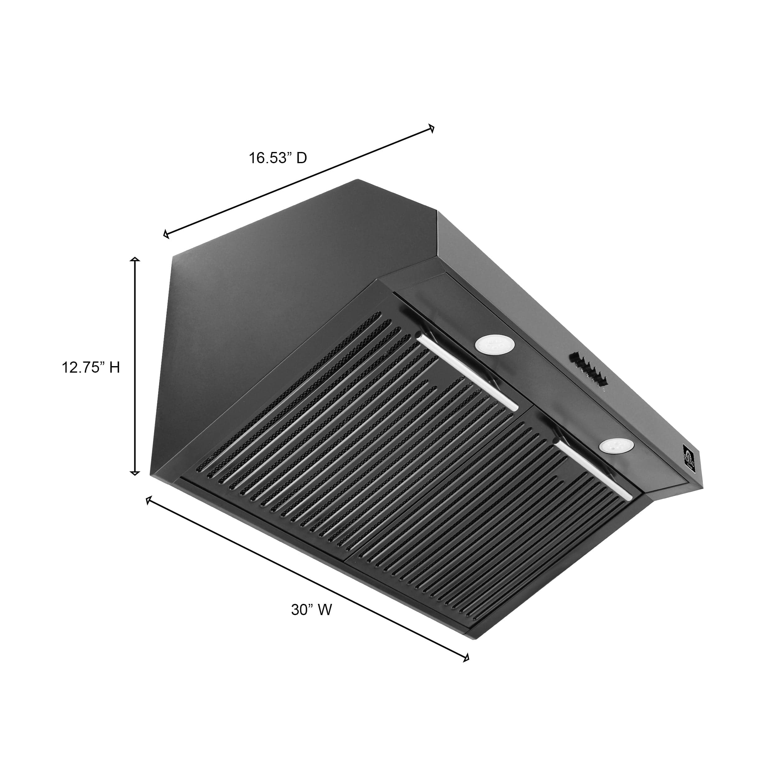 Forno Bari Espresso 30" Under Cabinet Range Hood in Black with Antique Brass Handles, FRHUC5255-30BLK I Luxury Appliances Direct