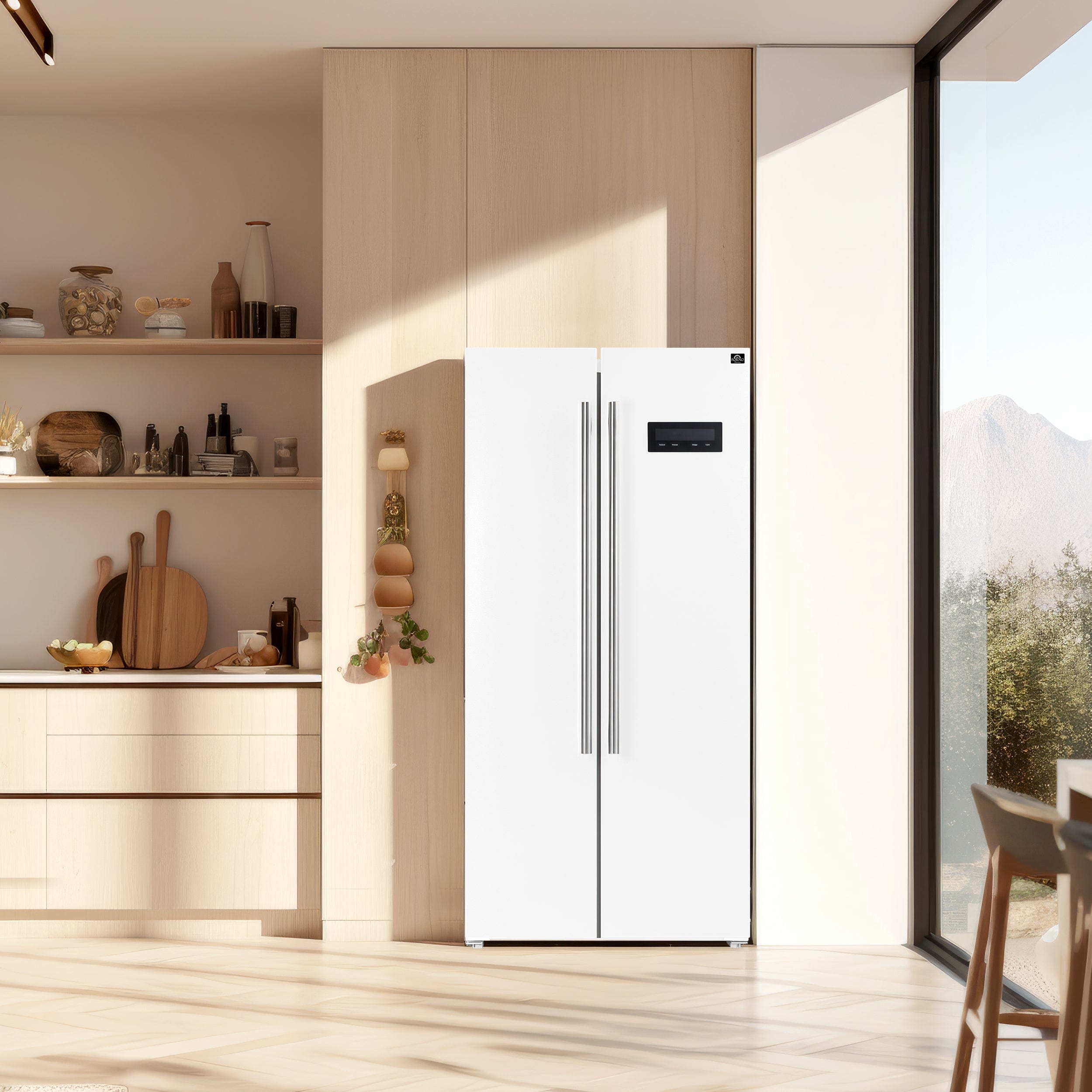 Forno Salerno Espresso 33" 15.6 cu. ft. Refrigerator in White with Antique Brass Handles, FFRBI1805-33WHT I Luxury Appliances Direct