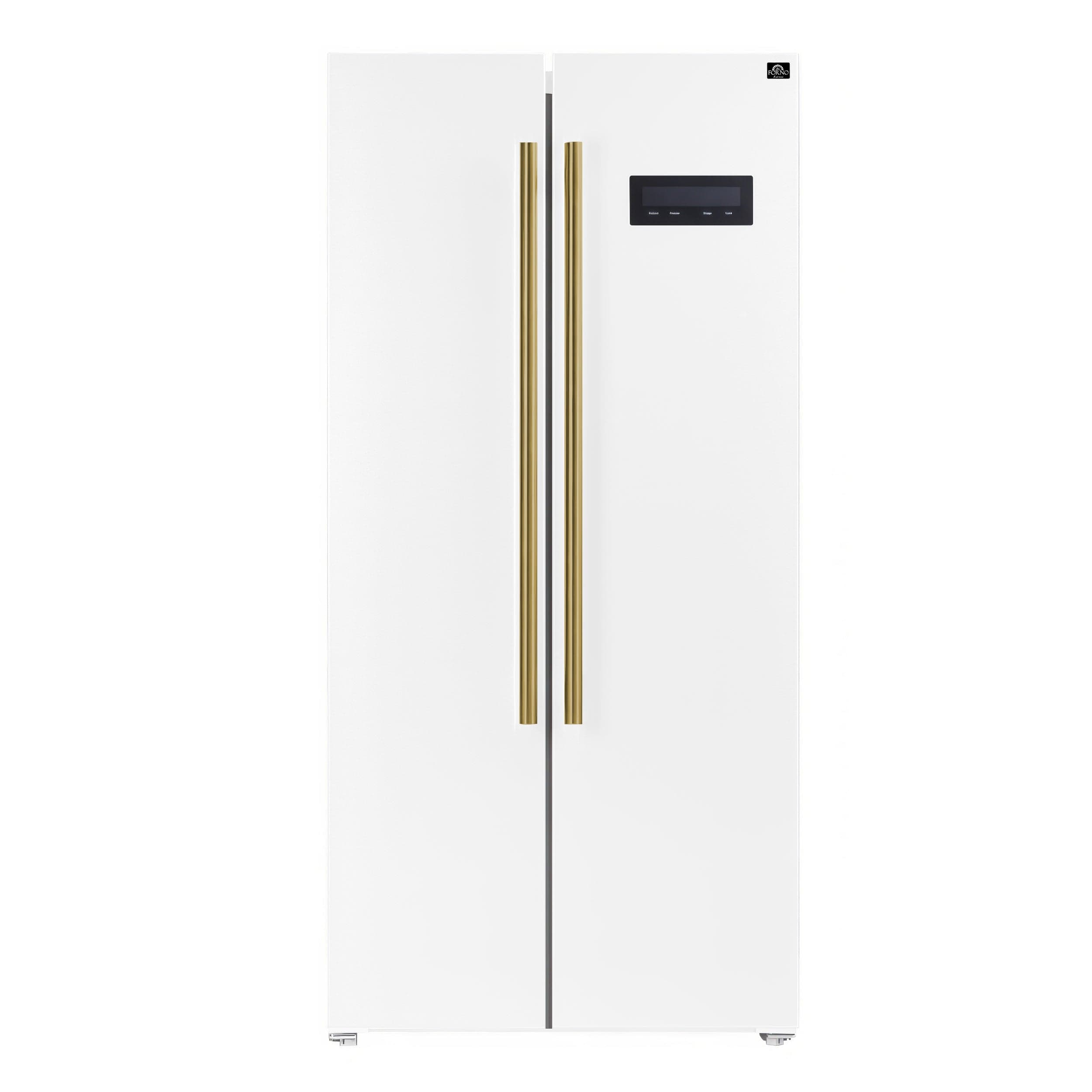 Forno Salerno Espresso 33" 15.6 cu. ft. Refrigerator in White with Antique Brass Handles, FFRBI1805-33WHT I Luxury Appliances Direct
