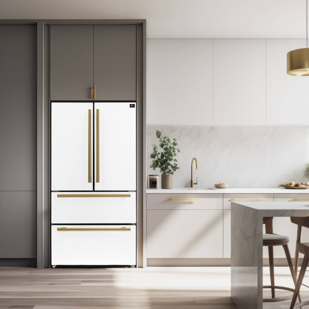 Forno Espresso Moena 36" 19.2 cu. ft. Refrigerator in White with Antique Brass and Stainless Handles, FFRBI1820-36WHT I Luxury Appliances Direct