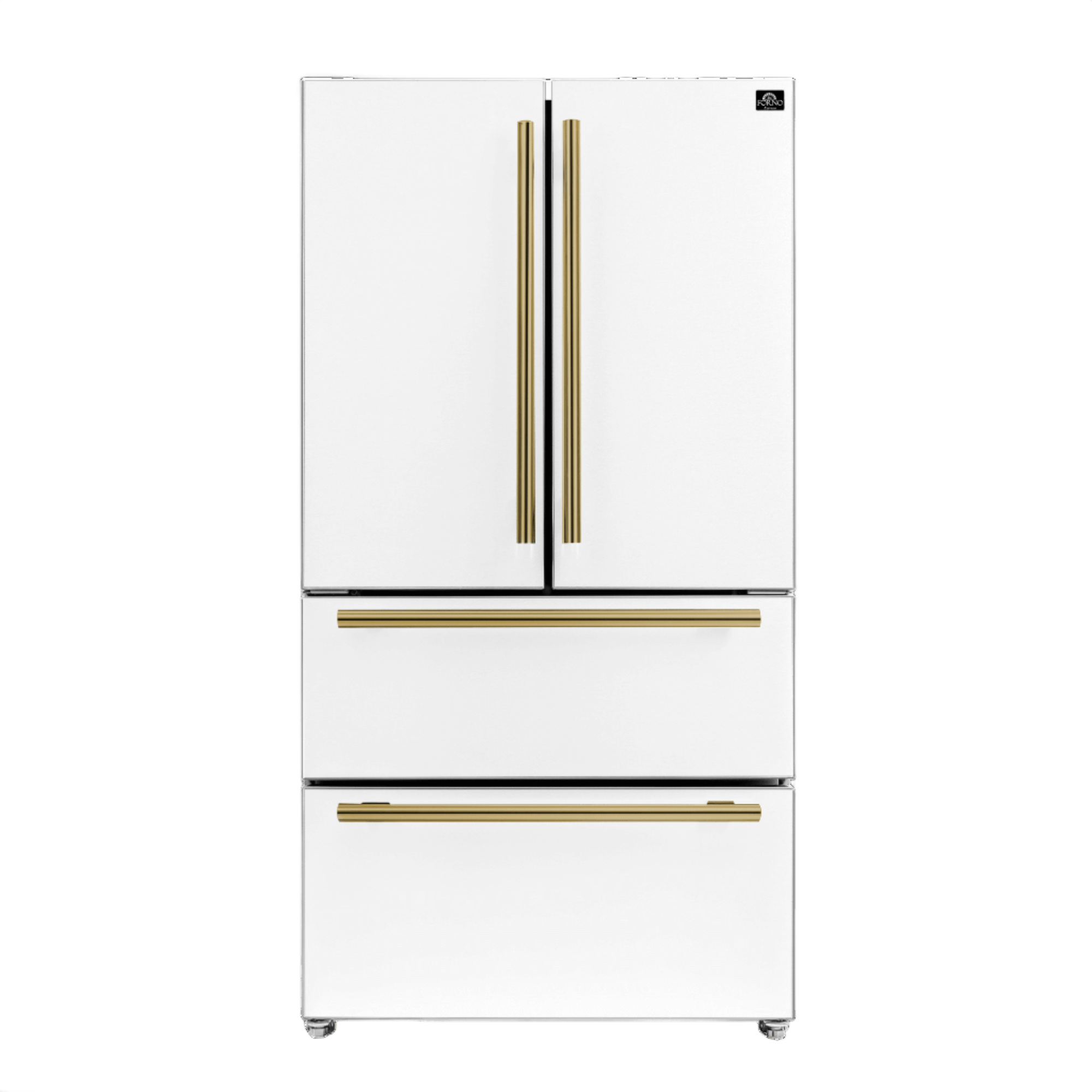 Forno Espresso Moena 36" 19.2 cu. ft. Refrigerator in White with Antique Brass and Stainless Handles, FFRBI1820-36WHT I Luxury Appliances Direct