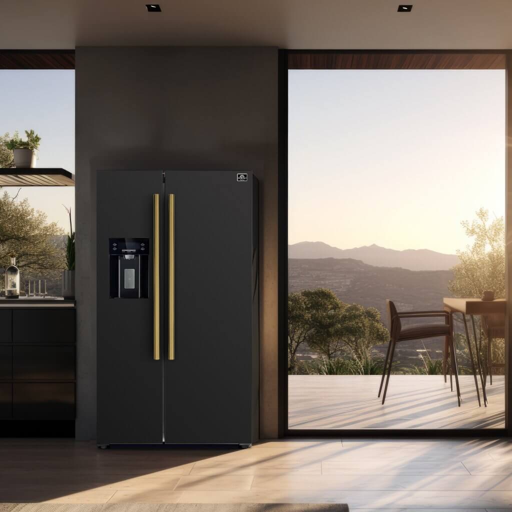 Forno Salerno Espresso 36" 20 Cu. Ft. Side-By-Side Refrigerator with Water and Ice Dispenser in Black with Antique Brass and Stainless Handles I Luxury Appliances Direct