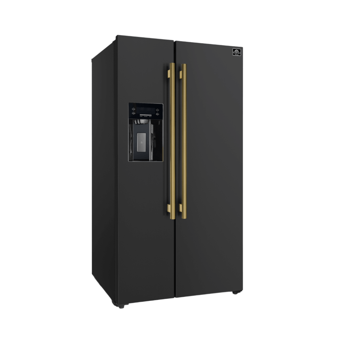 Forno Salerno Espresso 36" 20 Cu. Ft. Side-By-Side Refrigerator with Water and Ice Dispenser in Black with Antique Brass and Stainless Handles I Luxury Appliances Direct