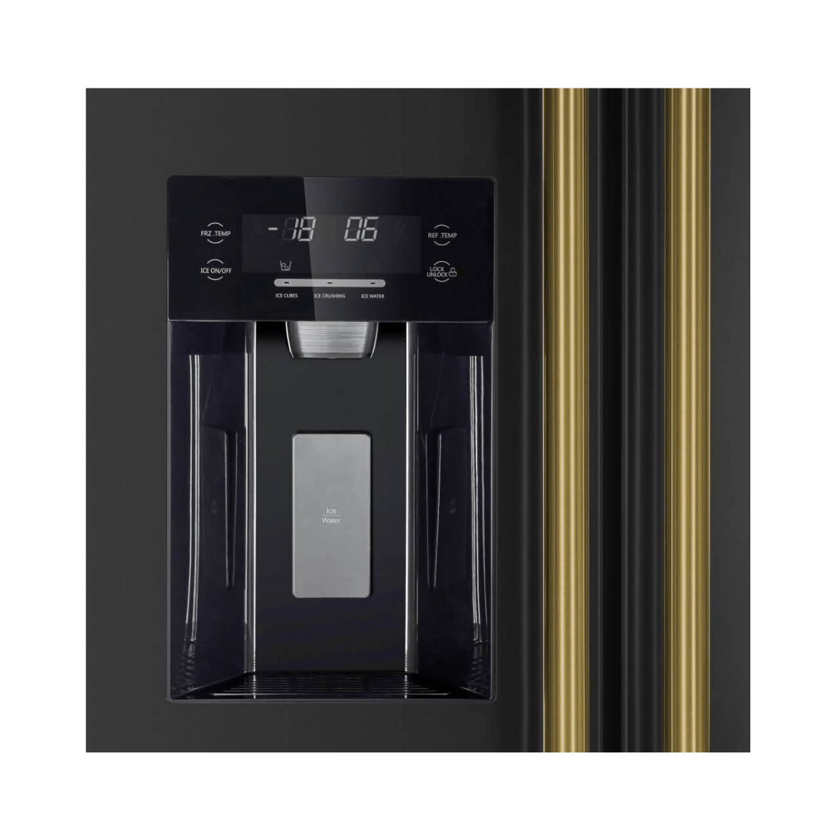 Forno Salerno Espresso 36" 20 Cu. Ft. Side-By-Side Refrigerator with Water and Ice Dispenser in Black with Antique Brass and Stainless Handles I Luxury Appliances Direct