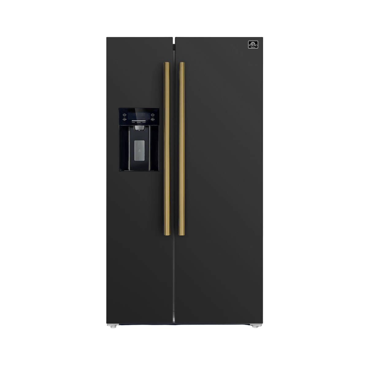 Forno Salerno Espresso 36" 20 Cu. Ft. Side-By-Side Refrigerator with Water and Ice Dispenser in Black with Antique Brass and Stainless Handles I Luxury Appliances Direct