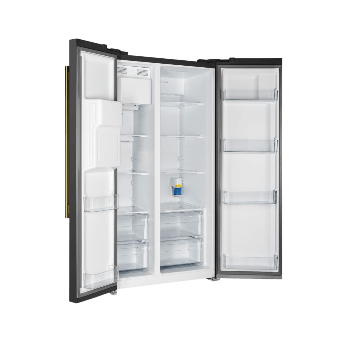 Forno Salerno Espresso 36" 20 Cu. Ft. Side-By-Side Refrigerator with Water and Ice Dispenser in Black with Antique Brass and Stainless Handles I Luxury Appliances Direct