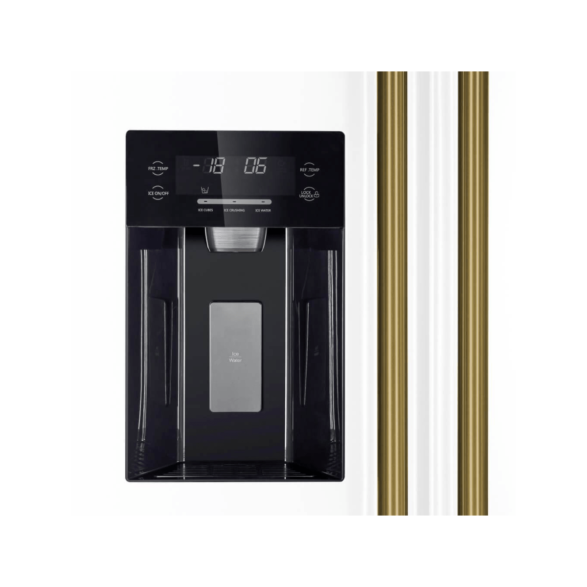 Forno Espresso Salerno 36" 20 Cu. Ft. Side-By-Side Refrigerator with Water and Ice Dispenser in White with Antique Brass and Stainless Handles I Luxury Appliances Direct