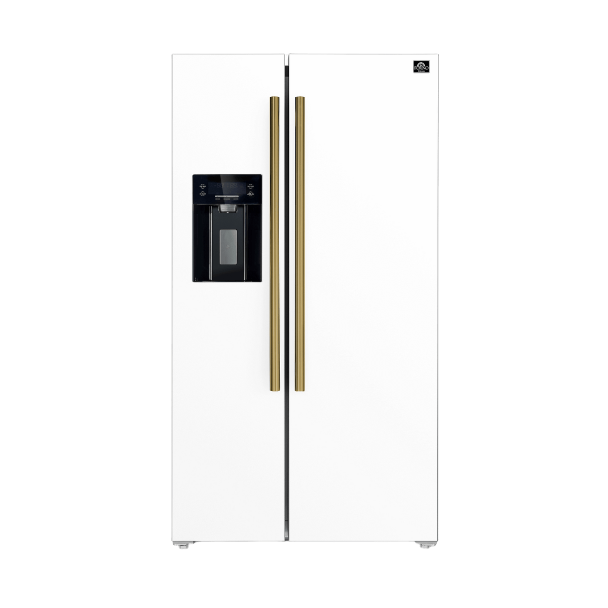 Forno Espresso Salerno 36" 20 Cu. Ft. Side-By-Side Refrigerator with Water and Ice Dispenser in White with Antique Brass and Stainless Handles I Luxury Appliances Direct