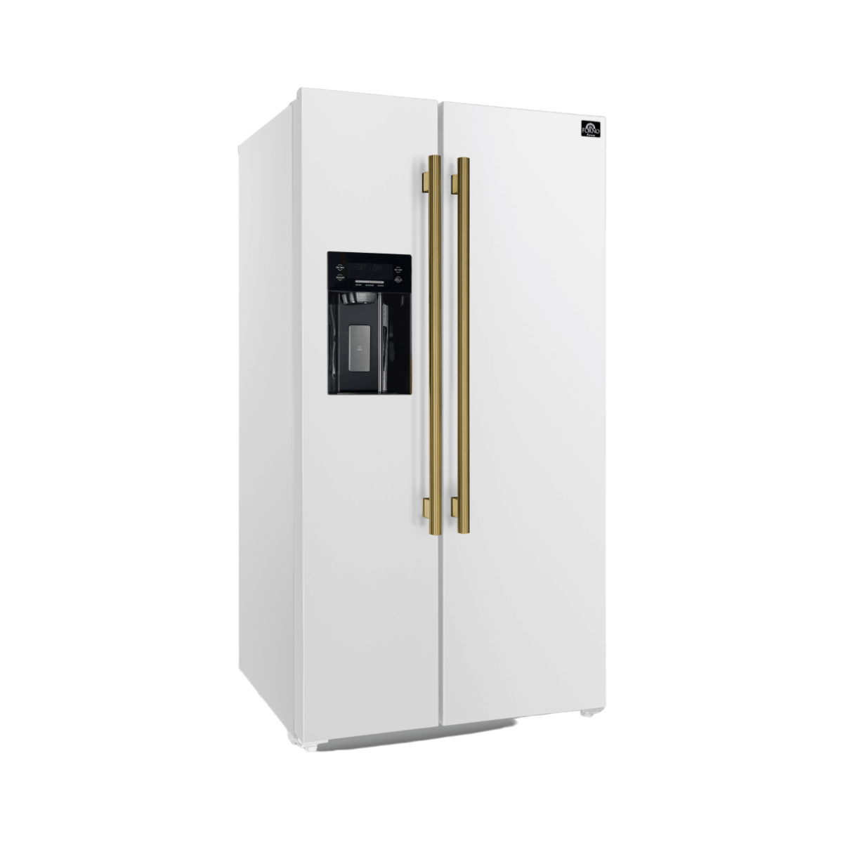 Forno Espresso Salerno 36" 20 Cu. Ft. Side-By-Side Refrigerator with Water and Ice Dispenser in White with Antique Brass and Stainless Handles I Luxury Appliances Direct