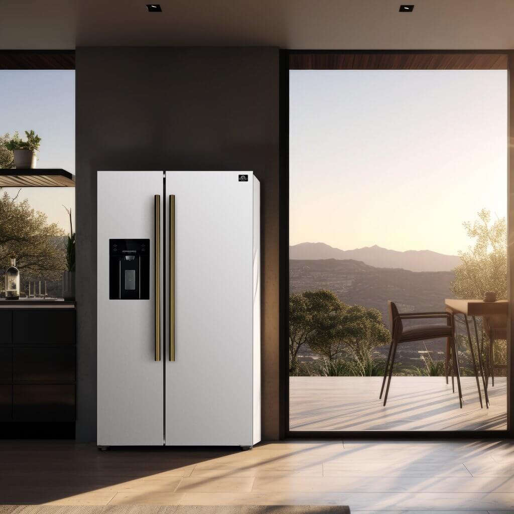Forno Espresso Salerno 36" 20 Cu. Ft. Side-By-Side Refrigerator with Water and Ice Dispenser in White with Antique Brass and Stainless Handles I Luxury Appliances Direct