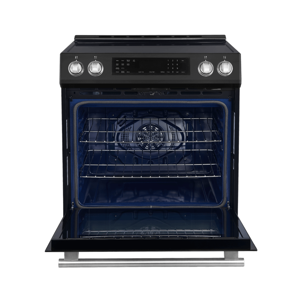 Forno Espresso Donatello 30" Induction Range with Air Fry and Self-Clean in Black with Antique Brass and Silver Handles, FFSIN0905-30BLK I Luxury Appliances Direct