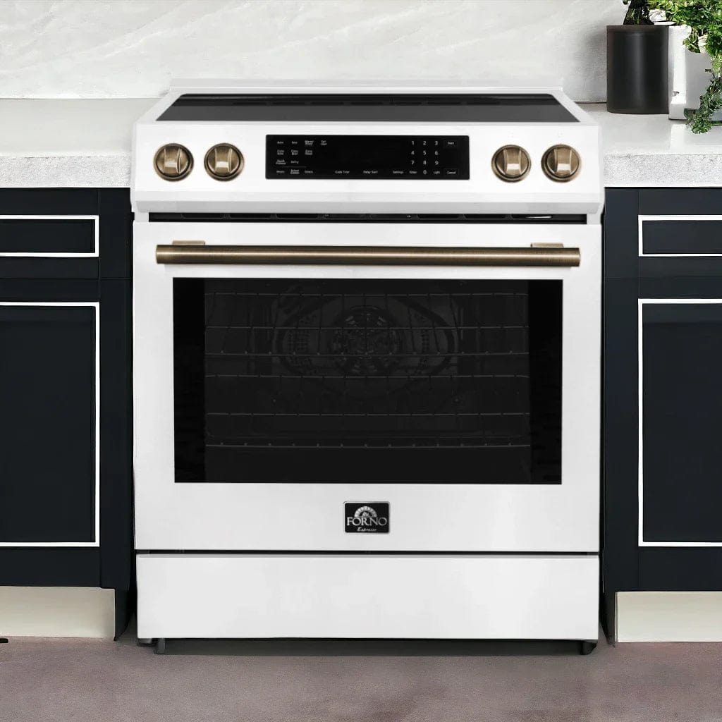 Forno Espresso Donatello 30" Induction Range with Air Fry and Self-Clean in White and Antique Brass and Stainless Handles, FFSIN0905-30WHT I Luxury Appliances Direct