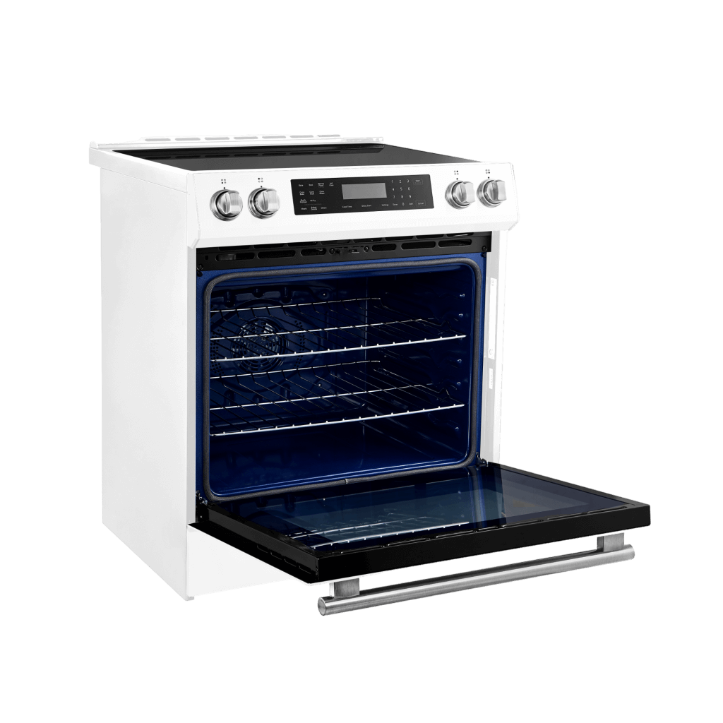 Forno Espresso Donatello 30" Induction Range with Air Fry and Self-Clean in White and Antique Brass and Stainless Handles, FFSIN0905-30WHT I Luxury Appliances Direct