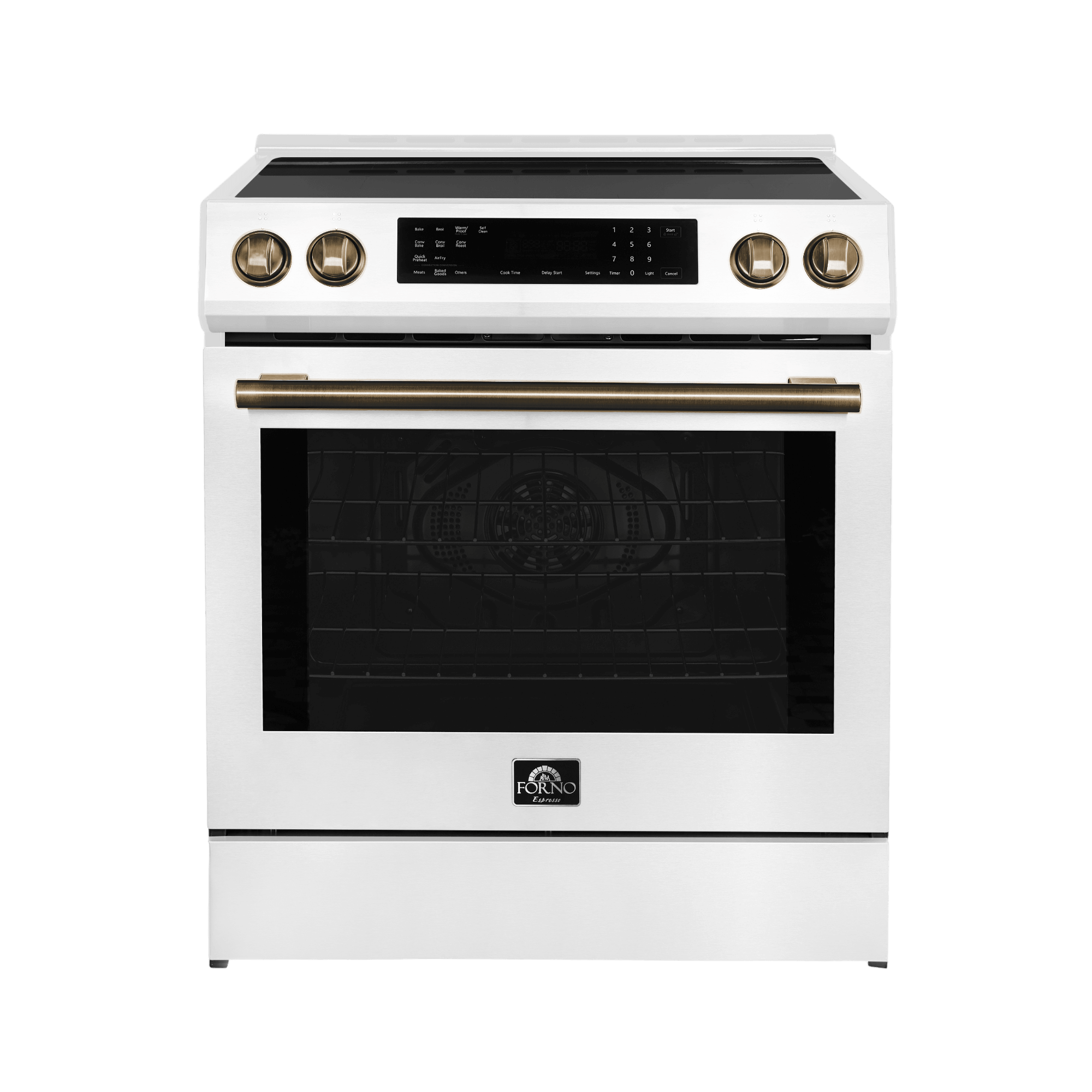 Forno Espresso Donatello 30" Induction Range with Air Fry and Self-Clean in White and Antique Brass and Stainless Handles, FFSIN0905-30WHT I Luxury Appliances Direct