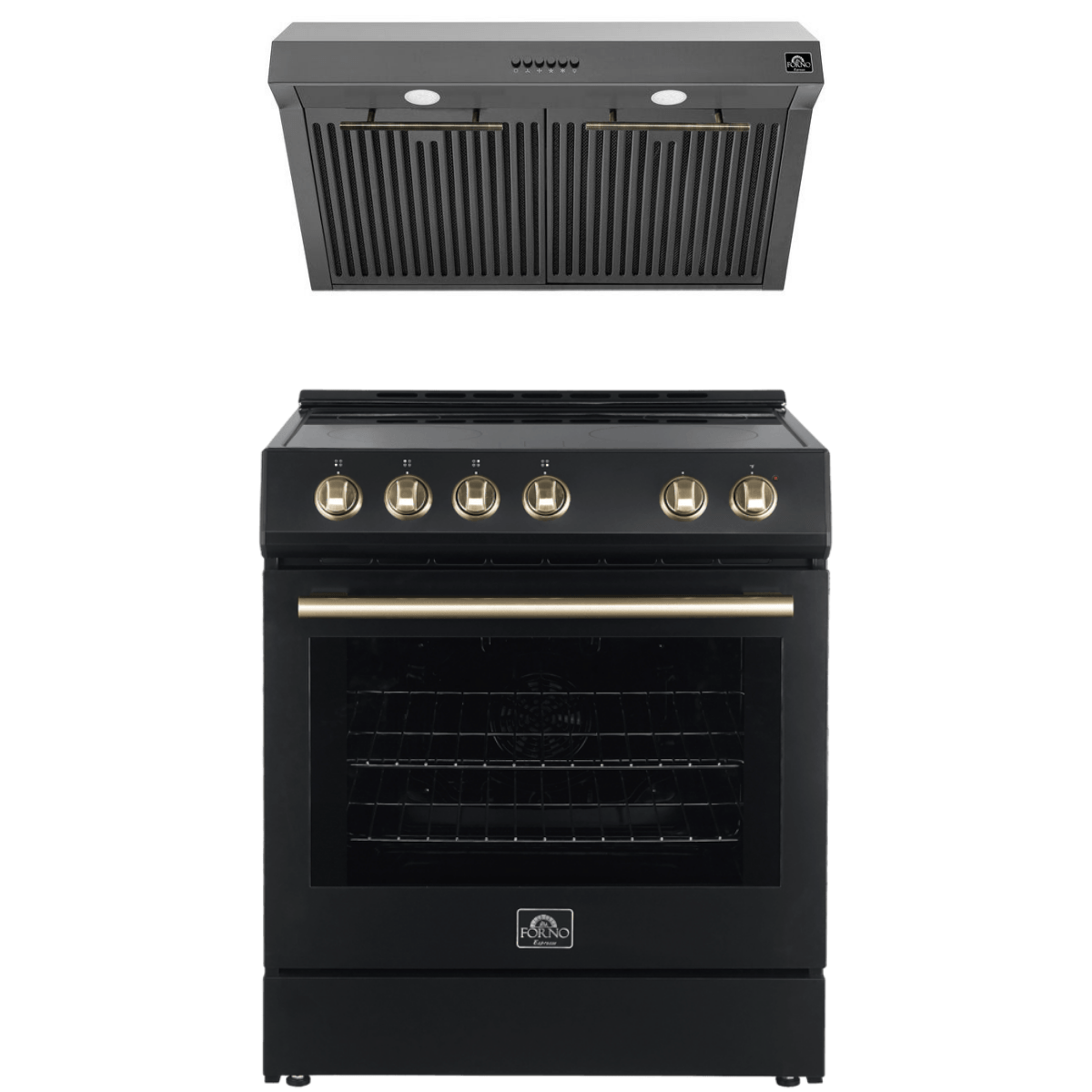 Forno Espresso Package 30-Inch Electric Range and Range Hood in Black AP-FFSEL6012-30BLK-A-A2 I Luxury Appliances Direct