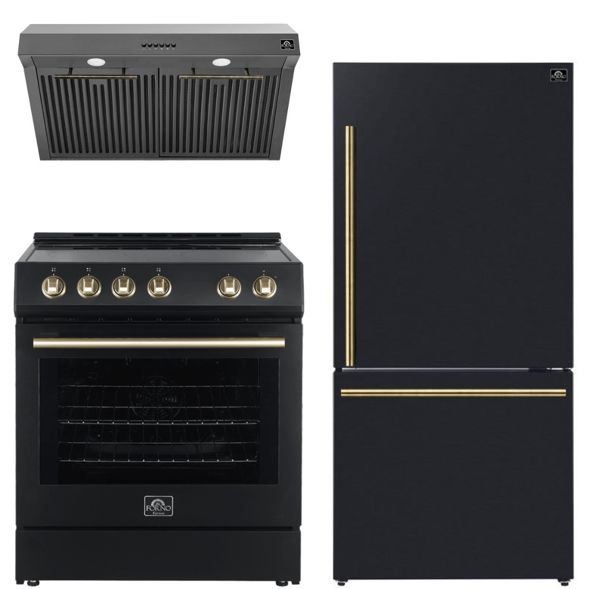 Forno Espresso Package - 30" Electric Range, Range Hood and Refrigerator in Black with Antique Brass Handles, AP-FFSEL6012-30BLK-A-A5 I Luxury Appliances Direct