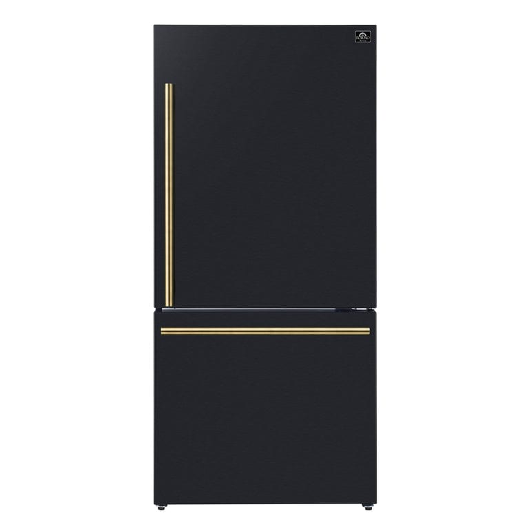 Forno Espresso Package - 30" Electric Range, Range Hood and Refrigerator in Black with Antique Brass Handles, AP-FFSEL6012-30BLK-A-A5 I Luxury Appliances Direct