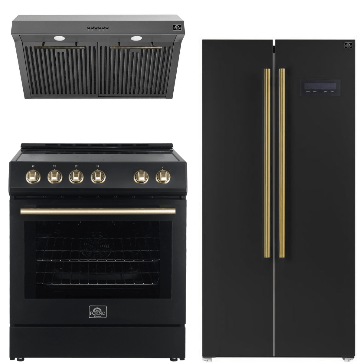 Forno Espresso Package - 30" Electric Range, Range Hood and Refrigerator in Black with Antique Brass Handles, AP-FFSEL6012-30BLK-A-A7 I Luxury Appliances Direct