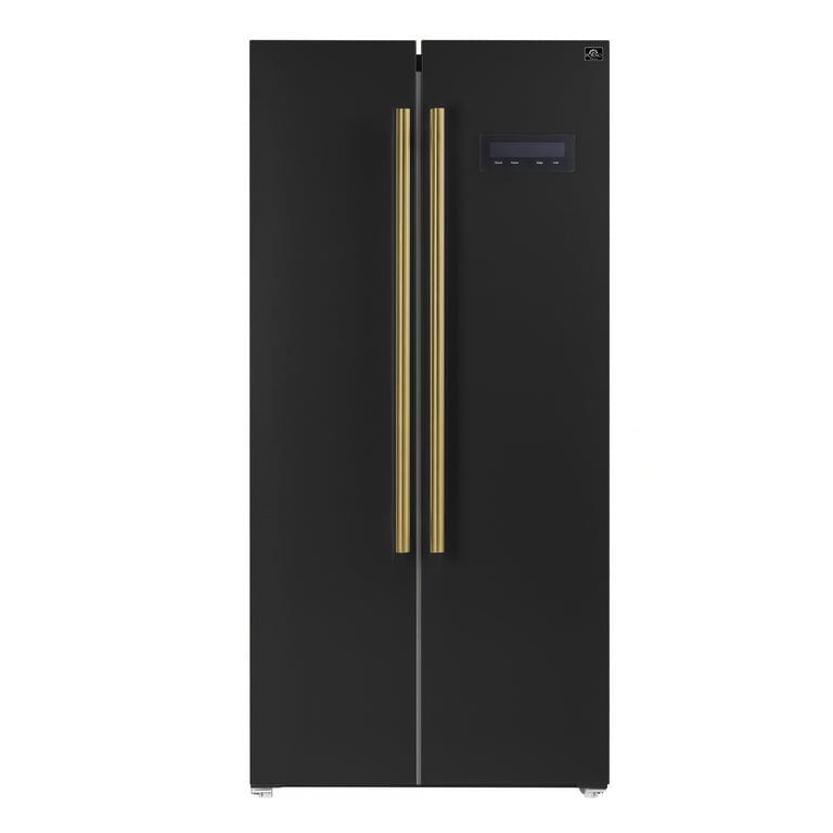 Forno Espresso Package - 30" Electric Range, Range Hood and Refrigerator in Black with Antique Brass Handles, AP-FFSEL6012-30BLK-A-A7 I Luxury Appliances Direct