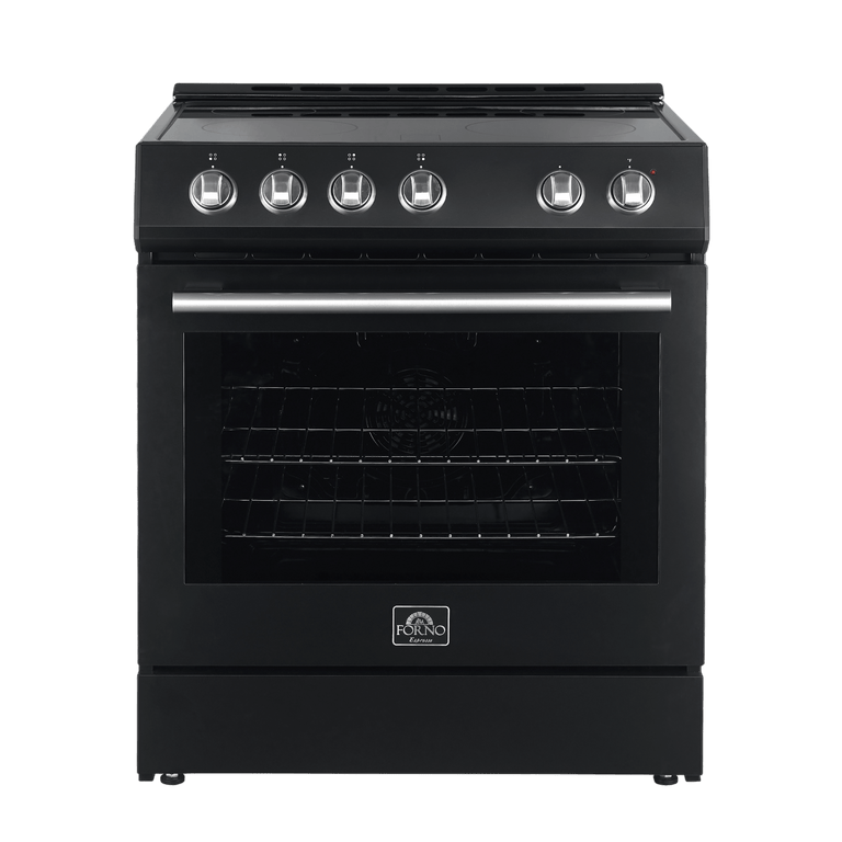 Forno Espresso Package 30-Inch Electric Range, Range Hood and Refrigerator in Black AP-FFSEL6012-30BLK-S-A5 I Luxury Appliances Direct