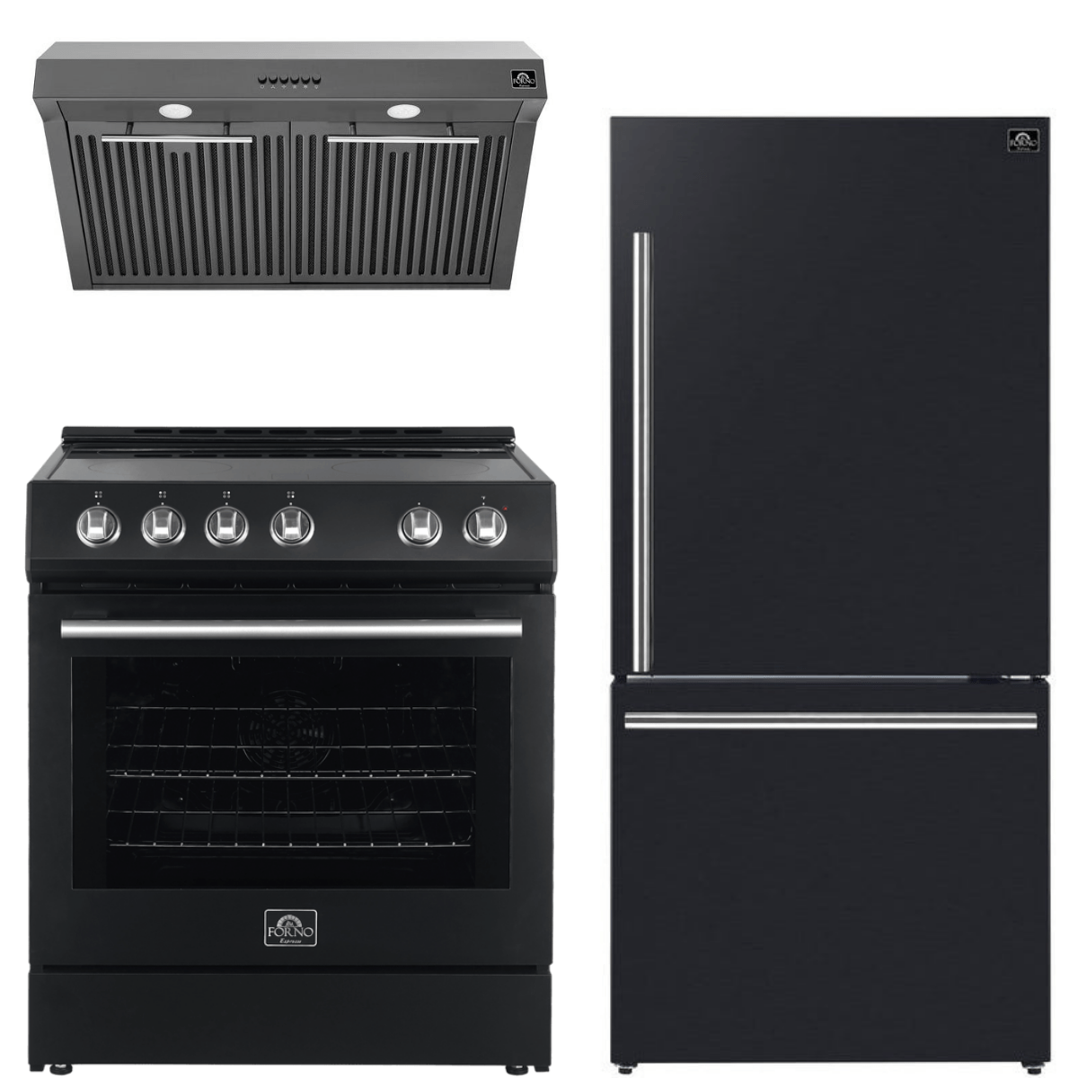Forno Espresso Package 30-Inch Electric Range, Range Hood and Refrigerator in Black AP-FFSEL6012-30BLK-S-A5 I Luxury Appliances Direct