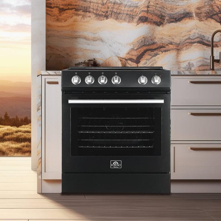 Forno Espresso Package 30-Inch Electric Range, Range Hood and Refrigerator in Black AP-FFSEL6012-30BLK-S-A5 I Luxury Appliances Direct