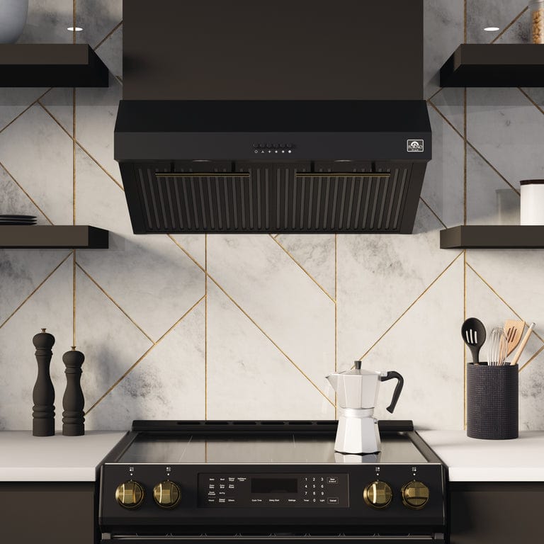 Forno Espresso Package 30-Inch Electric Range, Range Hood and Refrigerator in Black AP-FFSEL6012-30BLK-S-A5 I Luxury Appliances Direct