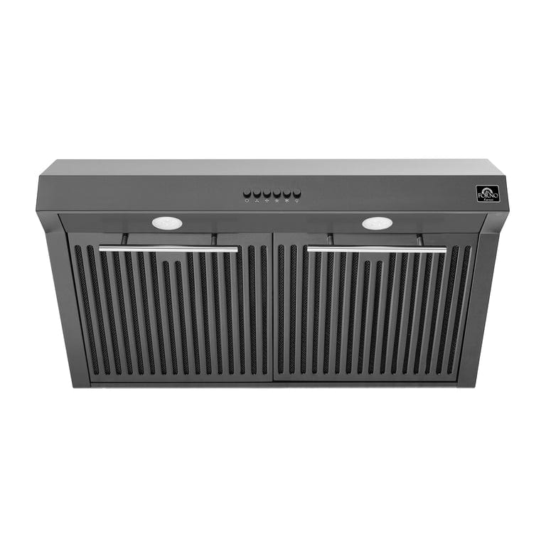 Forno Espresso Package 30-Inch Electric Range, Range Hood and Refrigerator in Black AP-FFSEL6012-30BLK-S-A5 I Luxury Appliances Direct