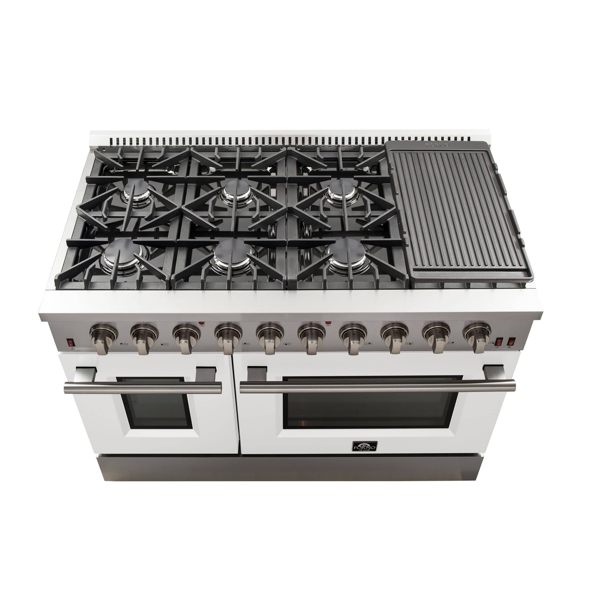 Forno Galiano 48 Inch Professional Freestanding Gas Range in White, FFSGS6244-48WHT I Luxury Appliances Direct