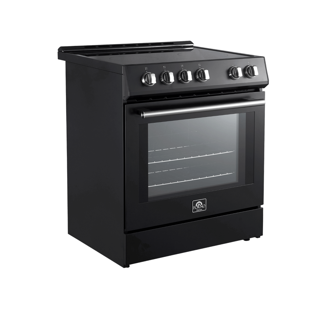 Forno Leonardo Espresso 30" Electric Range in Black with Antique Brass and Stainless Handles, FFSEL6012-30BLK I Luxury Appliances Direct