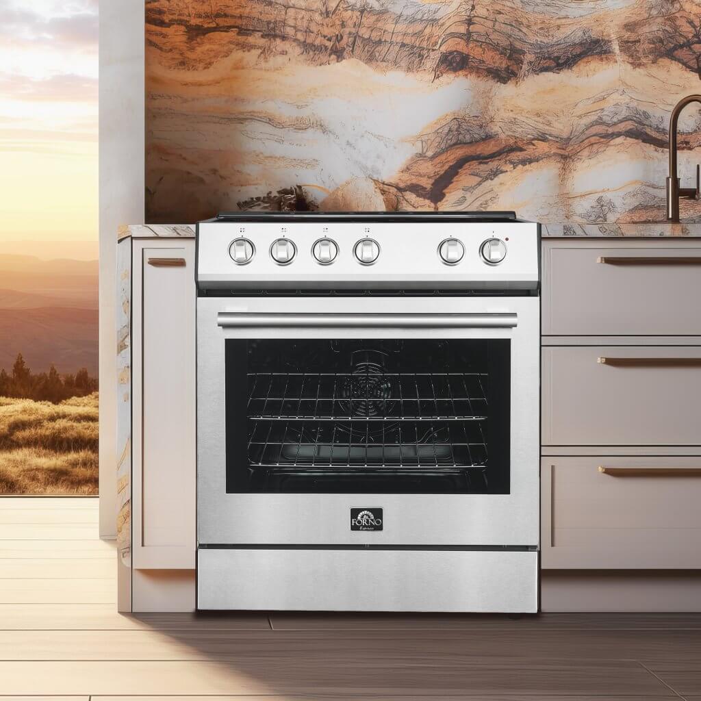 Forno Leonardo Espresso 30" Electric Range in Stainless Steel with Antique Brass Handles, FFSEL6012-30 I Luxury Appliances Direct