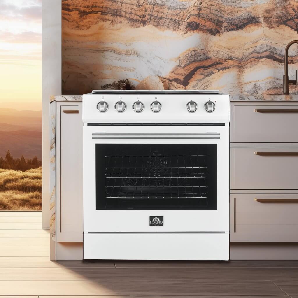 Forno Leonardo Espresso 30" Electric Range in White with Antique Brass and Stainless Handles, FFSEL6012-30WHT I Luxury Appliances Direct