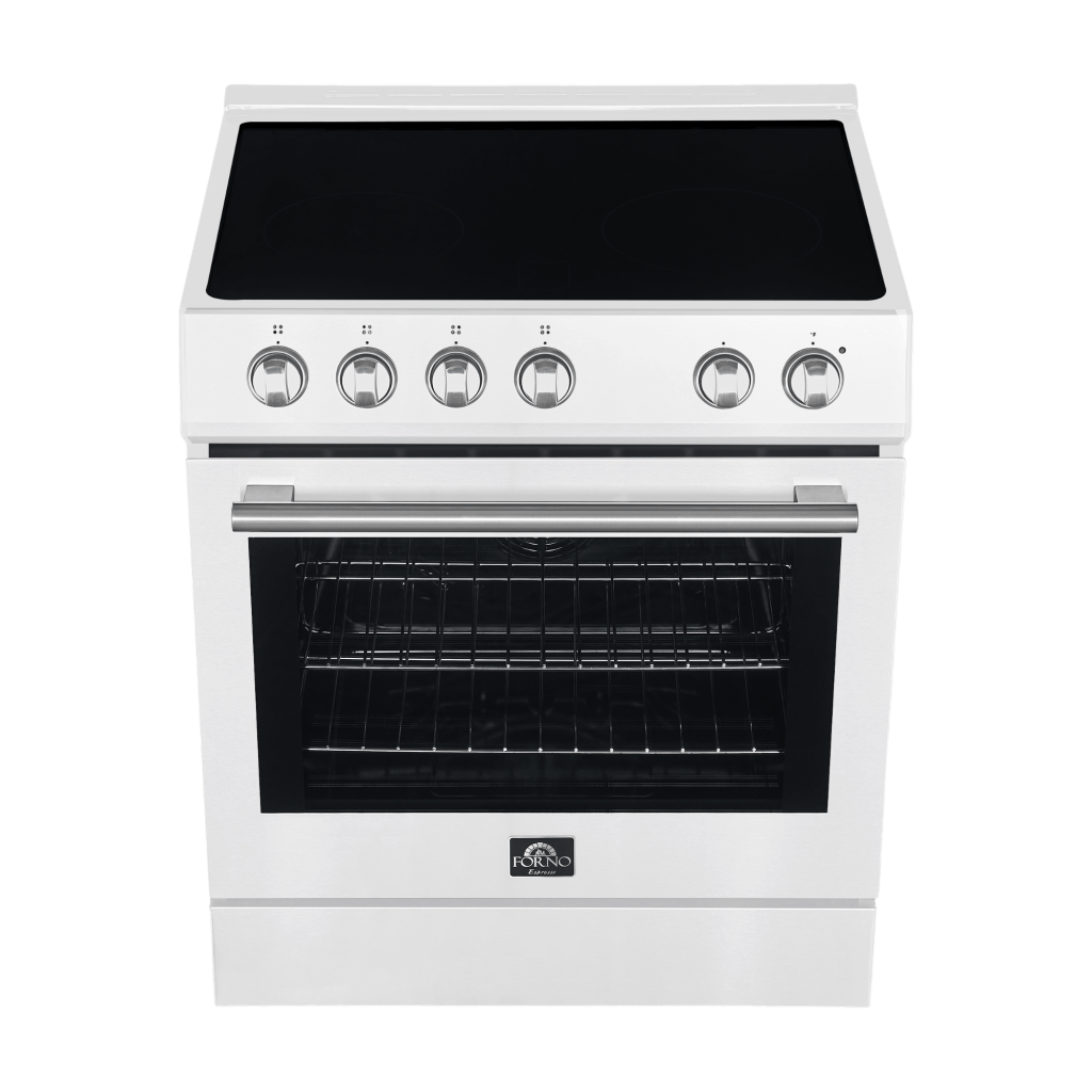Forno Leonardo Espresso 30" Electric Range in White with Antique Brass and Stainless Handles, FFSEL6012-30WHT I Luxury Appliances Direct